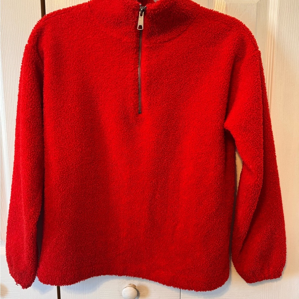 LOFT Vibrant Red Fleece Sherpa Pullover Quarter Zip Size Small Petite - Picture 2 of 12